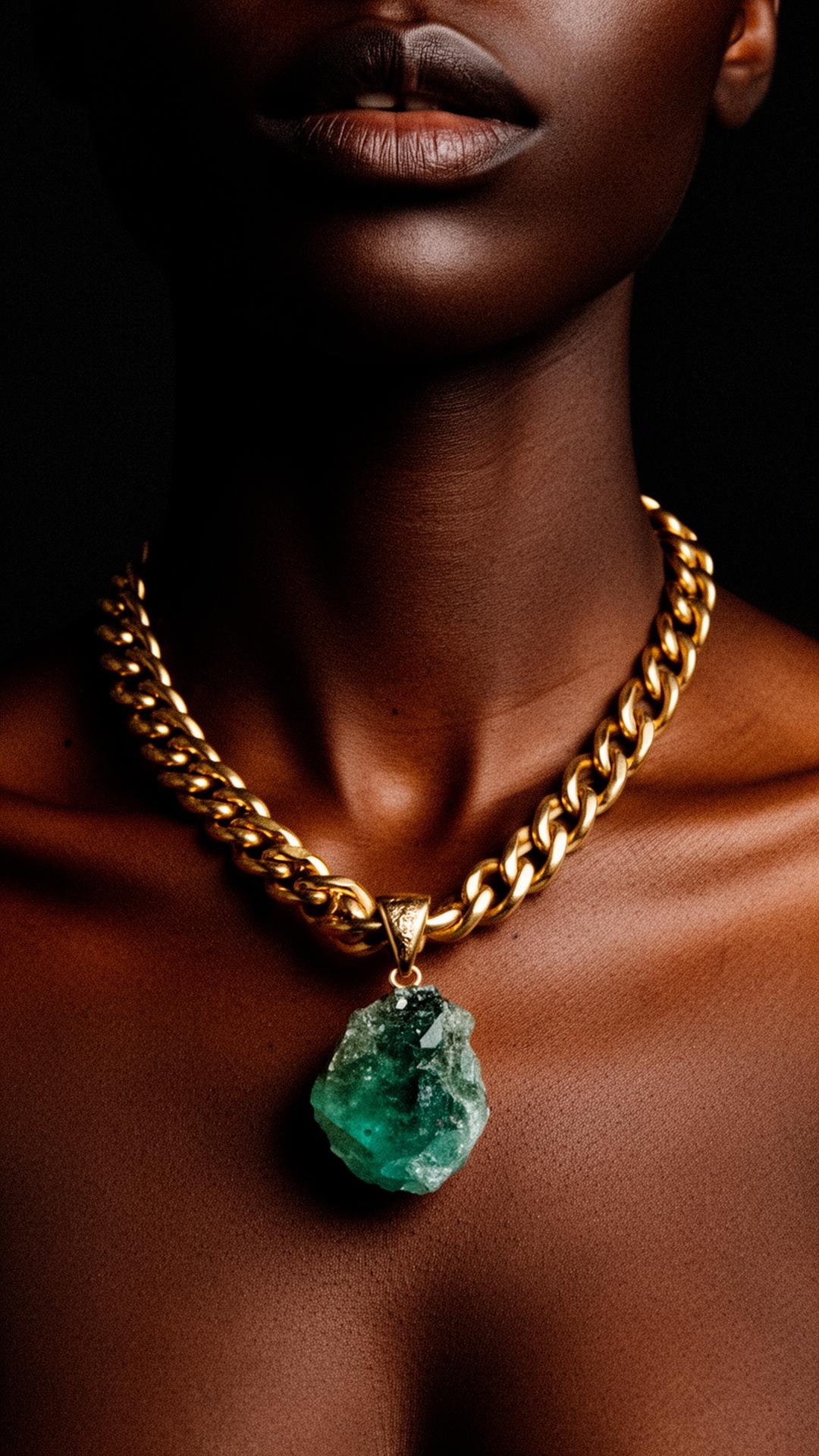 Gold chain with raw emerald pendant on collarbone
